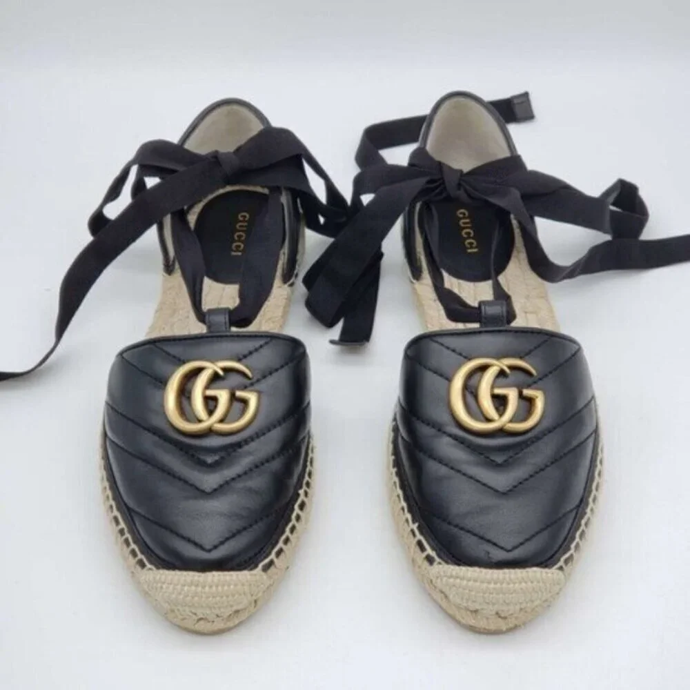 Authentic Gucci GG Marmont Espadrille Sandals Black Leather Gold Logo Brand New